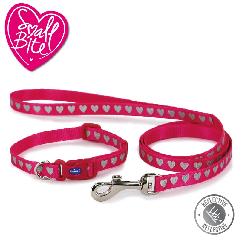 Ancol Small Bite Reflective Bone Collar Lead Set Pink Heart 