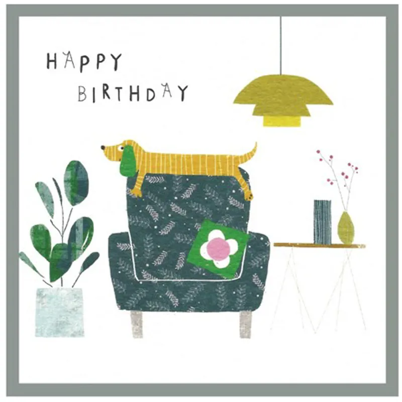 Margo Happy Birthday Sausage Dog on Armchair Card