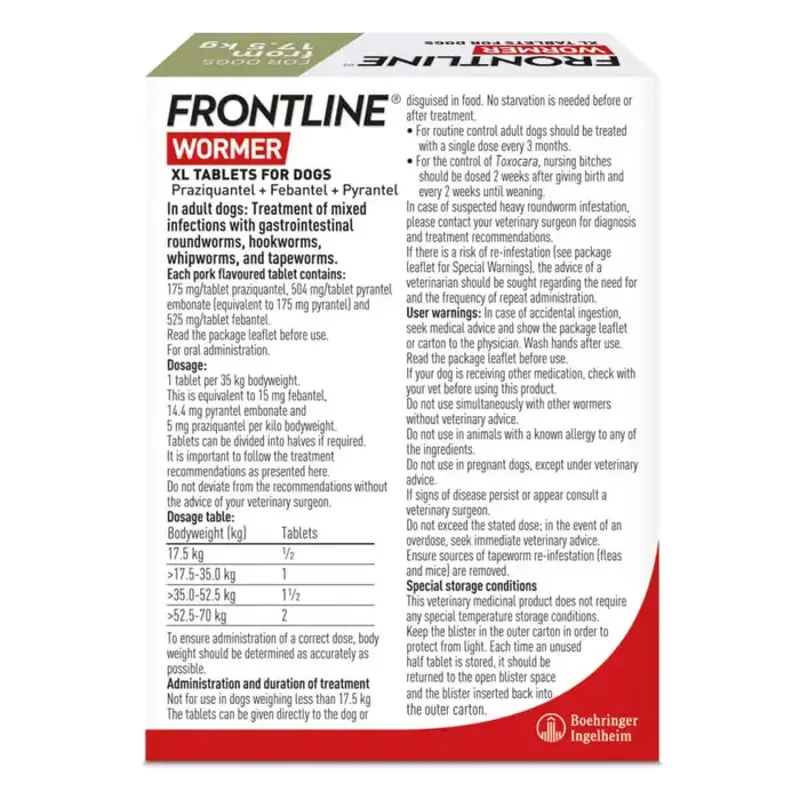 Frontline Wormer XL Tablets for Dogs - 17.5kg - 2-pack-1