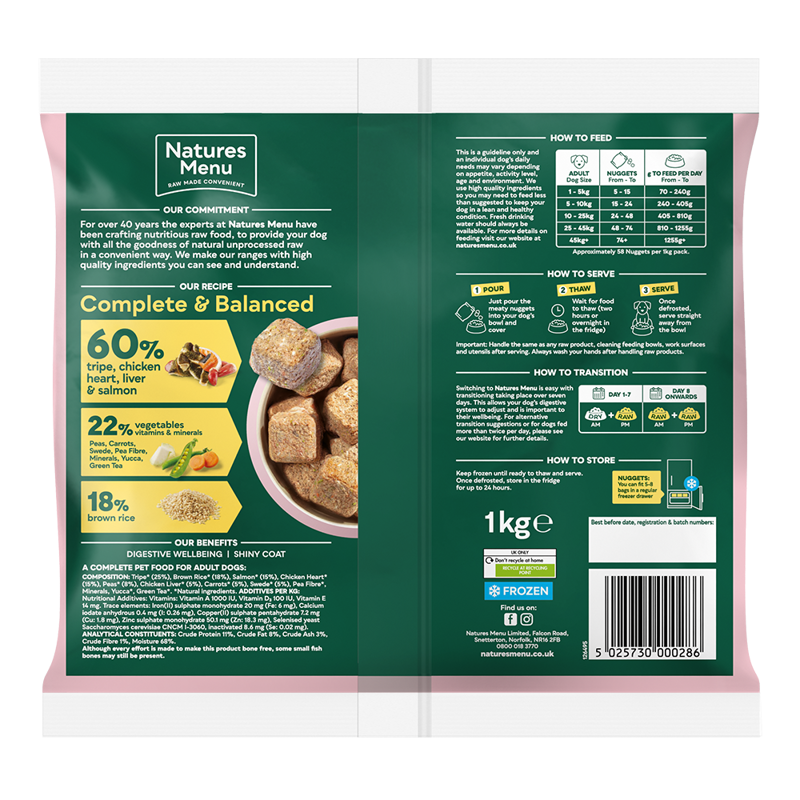 Natures Menu 60% Tripe and Chicken Heart with Liver and Salmon Nuggets 1kg-1